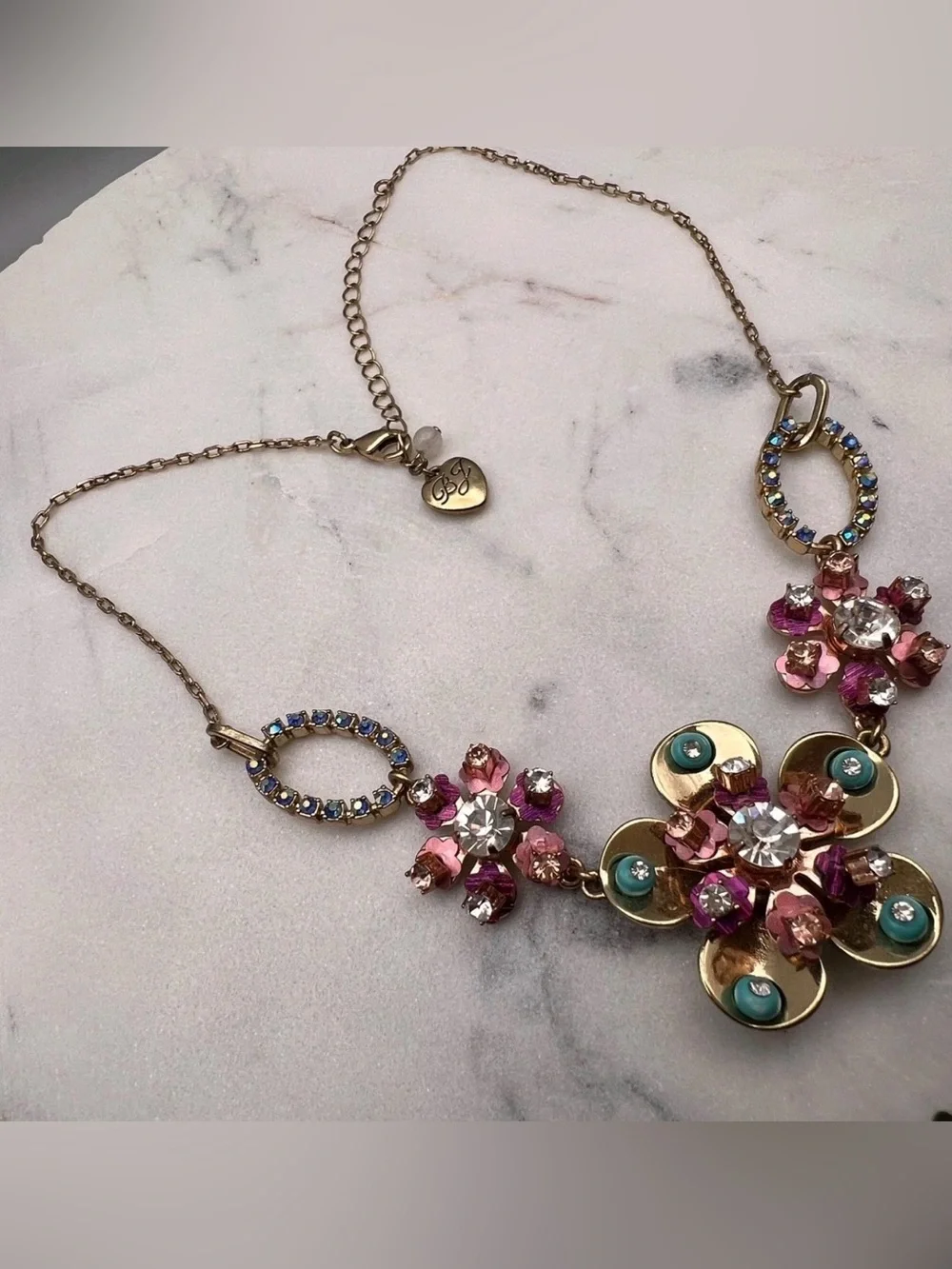 Betsey Johnson Boardwalk Sweet Flower Necklace Retired Pink Teal Rhinestone Aqua